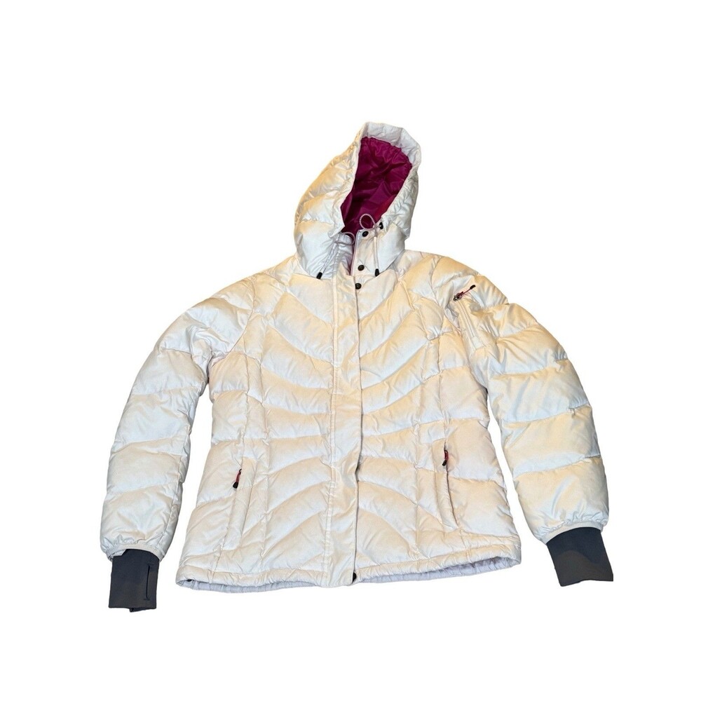 Lands’ End Down Puffer Jacket Hooded White Thumbhole Cuffs Women’s Small